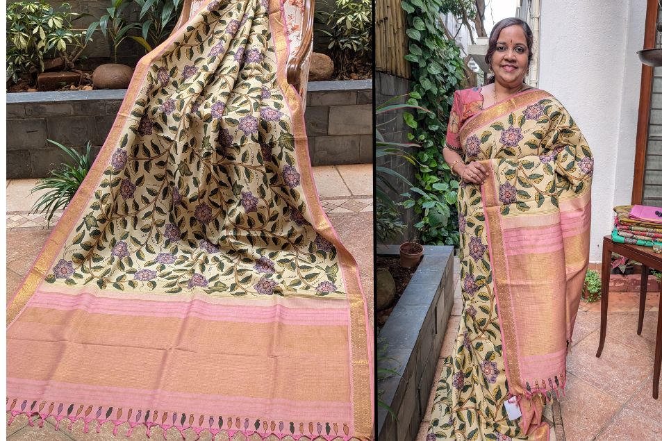 Beige Floral Kalamkari Saree